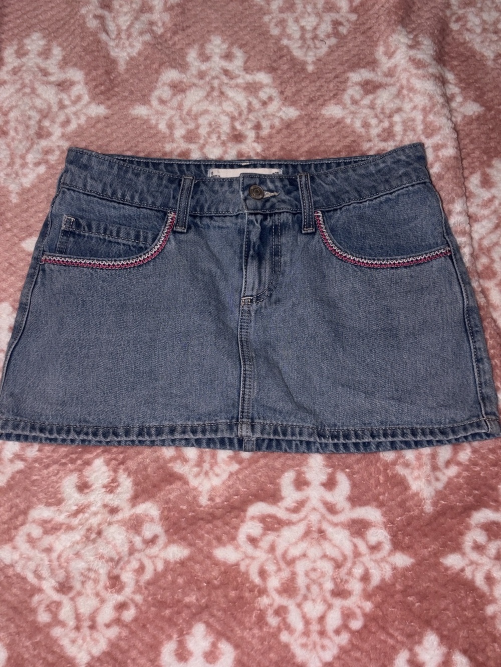 Hollister Blue Denim Mini Skirt with Pink Pocket Trim